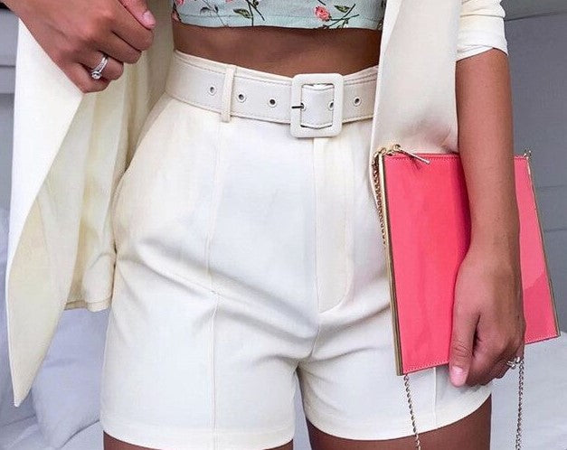 Women's Two-Piece Tailored Blazer Set with High-Waisted Shorts and Belt Mune Fashion