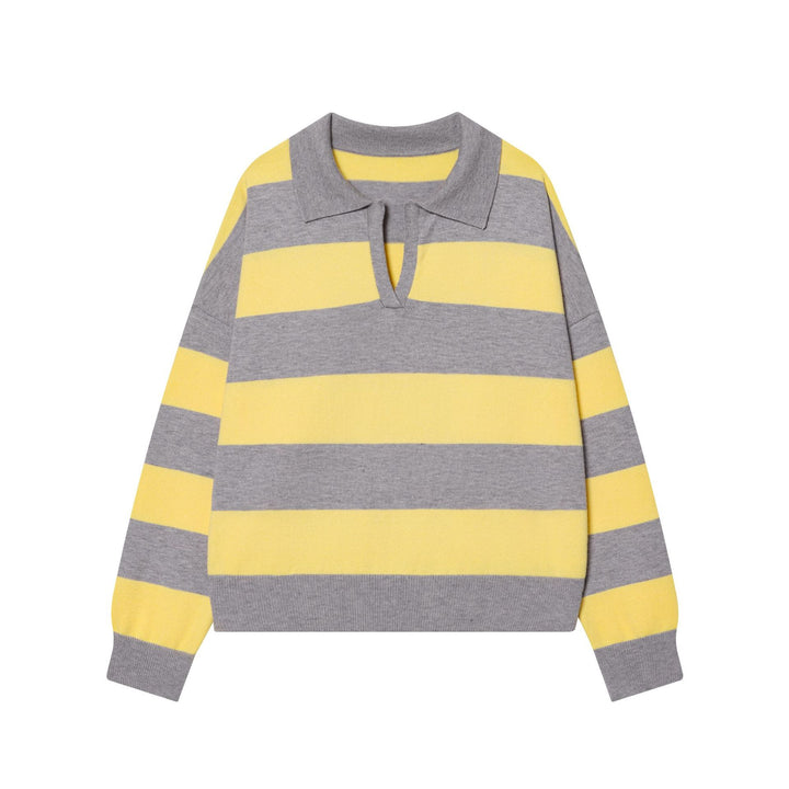 Women’s striped rugby pullover with polo collar and deep V-slit Mune Fashion