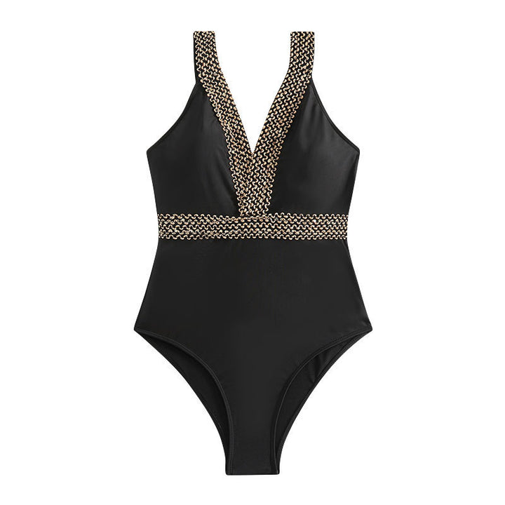 Women's Elegant One-Piece Swimsuit with V-Neck and Gold Accents Mune Fashion