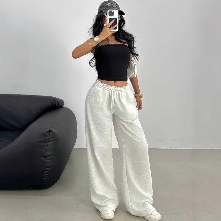 Women Soft Lounge Palazzo Pants with Gathered Smock Waistband and Drawstring Mune Fashion