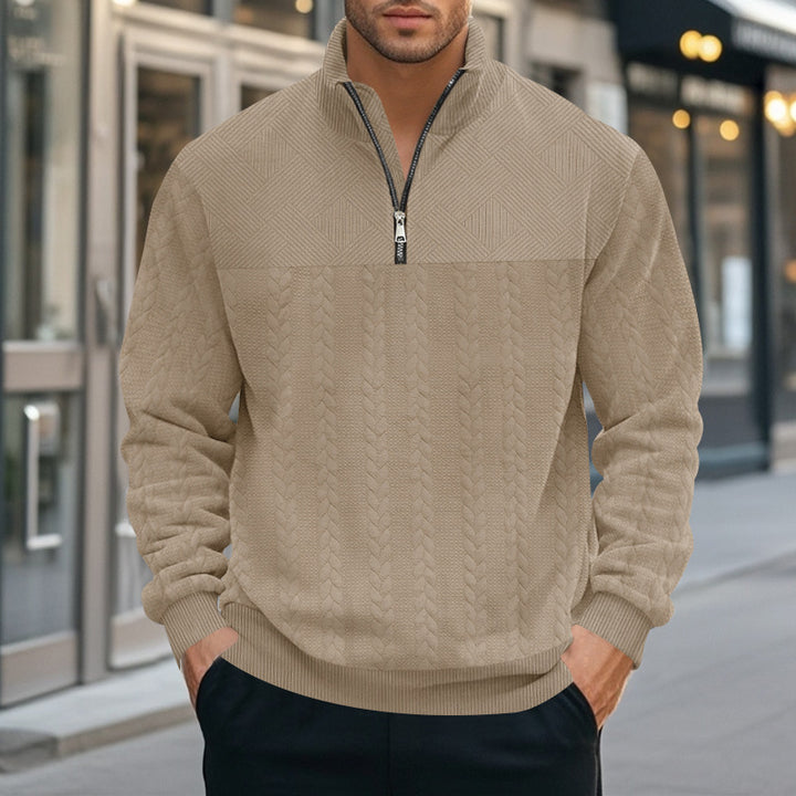 Men's structured half-zip knit pullover with stand-up collar and cable pattern Mune Fashion