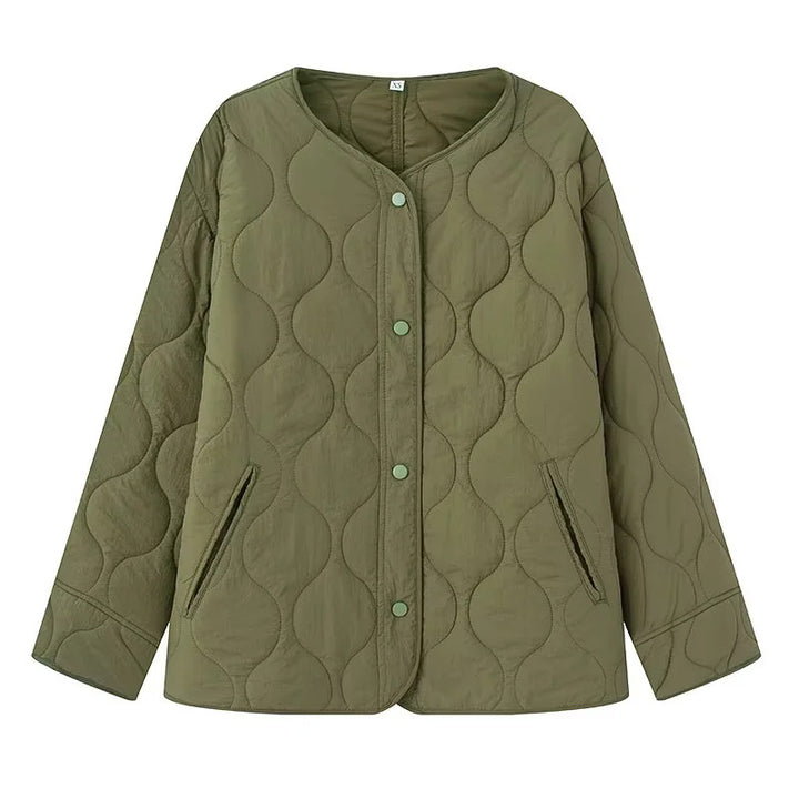 Women's quilted transitional jacket with round neck, snap button closure and wave-shaped quilting Mune Fashion