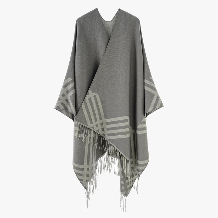 Women's Oversize Kimono Poncho made of wool blend with graphic grid jacquard and fringe hem Mune Fashion