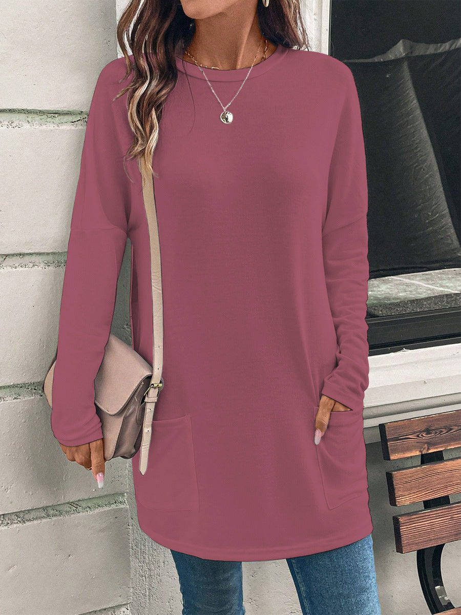 Women's loosely cut long tunic with round neckline, side pockets, and soft jersey Mune Fashion