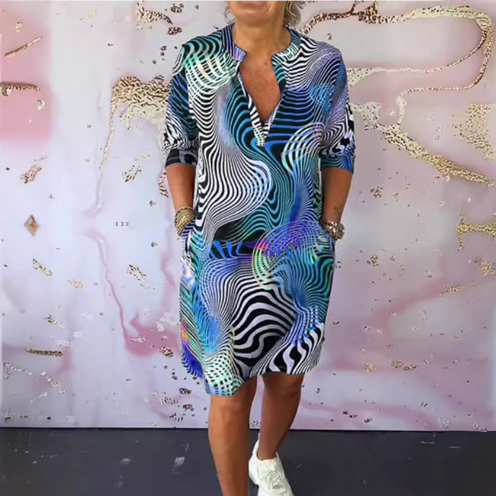 Women’s midi dress with psychedelic all-over print V-neck and casual shift fit Mune Fashion