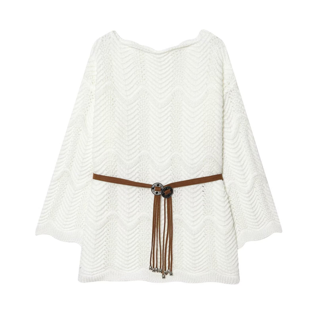 Women's Knit Poncho-Cape with Openwork Pattern and Leather Tassel Belt Mune Fashion
