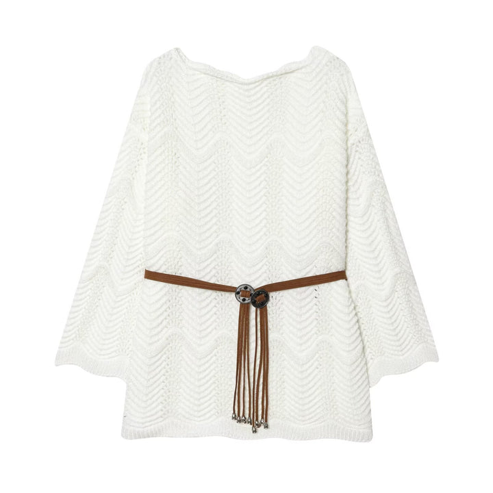 Women's Knit Poncho-Cape with Openwork Pattern and Leather Tassel Belt Mune Fashion