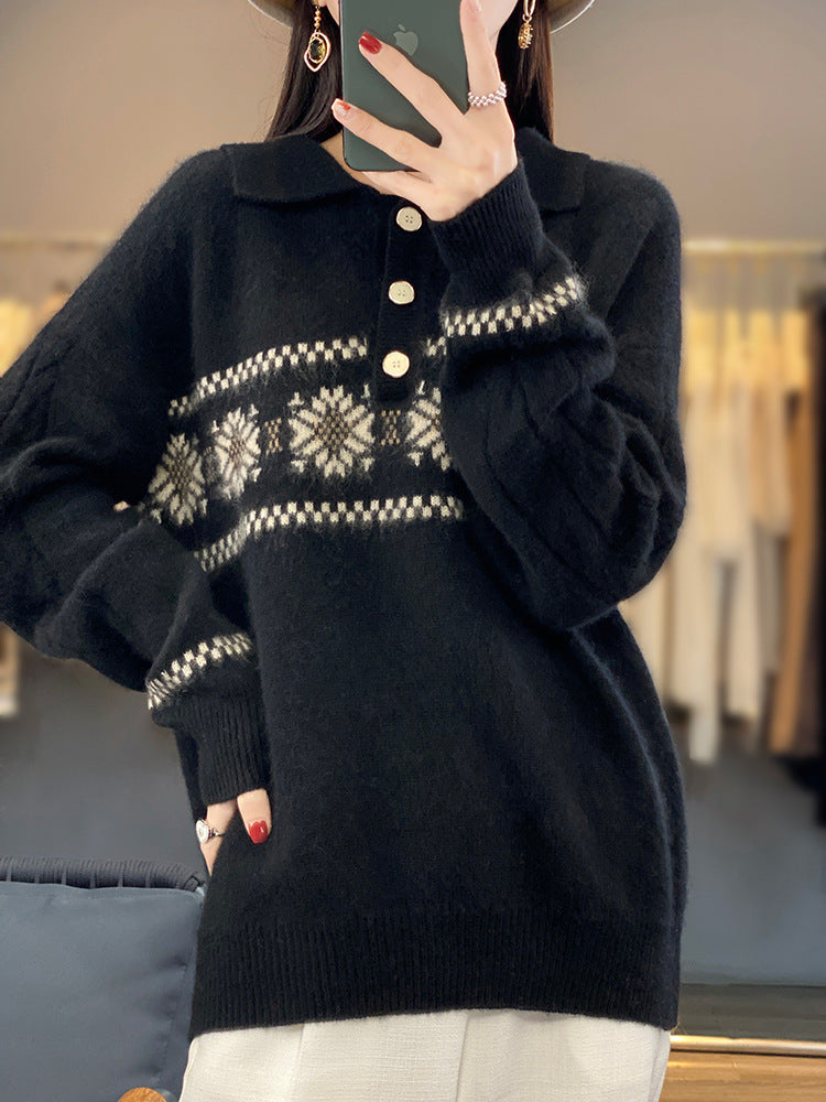Women Oversize Polo Collar Knit Sweater with Norwegian Pattern and Raglan Sleeves Mune Fashion