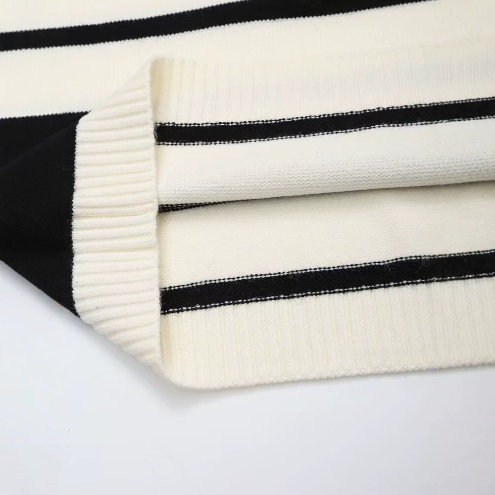 Women's Striped Knit Sweater with High Turtleneck and Half Zipper Mune Fashion