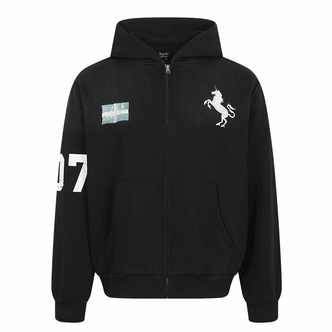 Women's zip hoodie with embroidered unicorn motif and music patch Mune Fashion