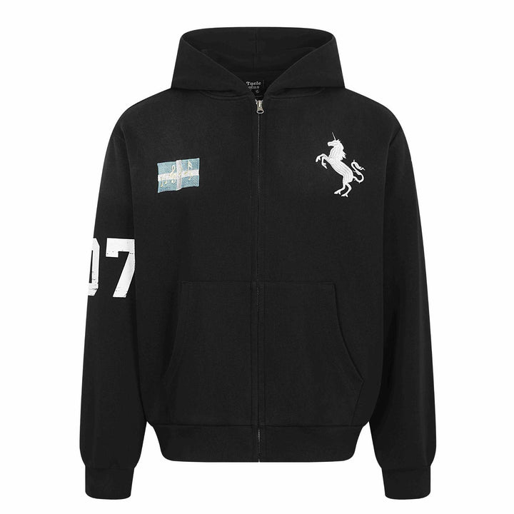 Women's zip hoodie with embroidered unicorn motif and music patch Mune Fashion