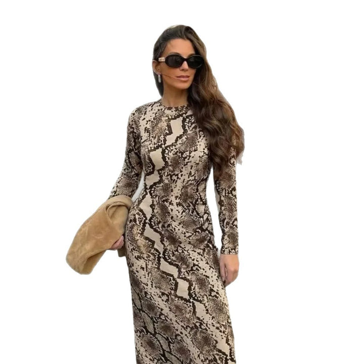 Women's Figure-Hugging Midi Dress with Snake Print, Tailored Draping and Long Sleeve Cut Mune Fashion