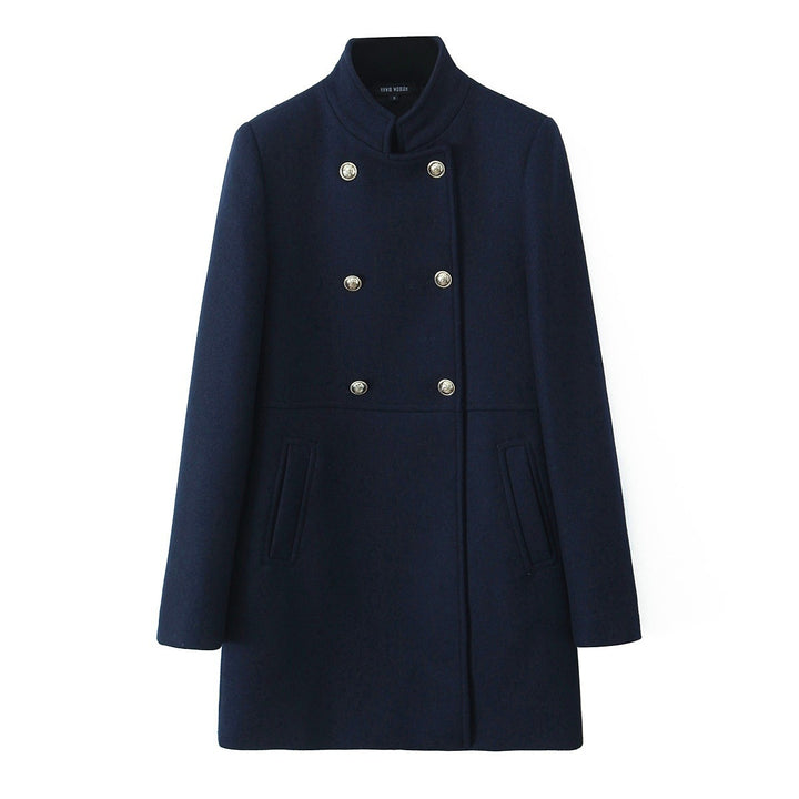 Women Double-breasted Wool Coat with Stand-up Collar and Decorative Buttons Mune Fashion