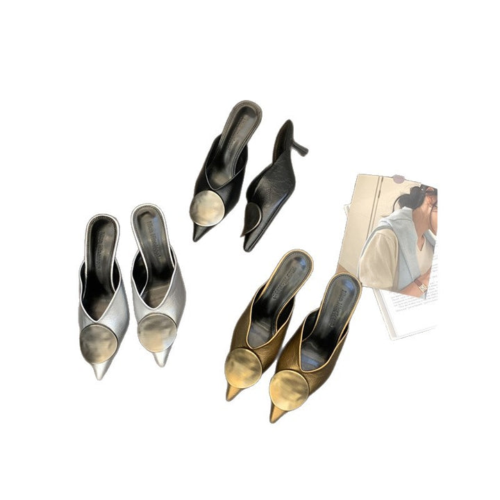 Ladies pointed toe kitten-heel mules with metal application Mune Fashion