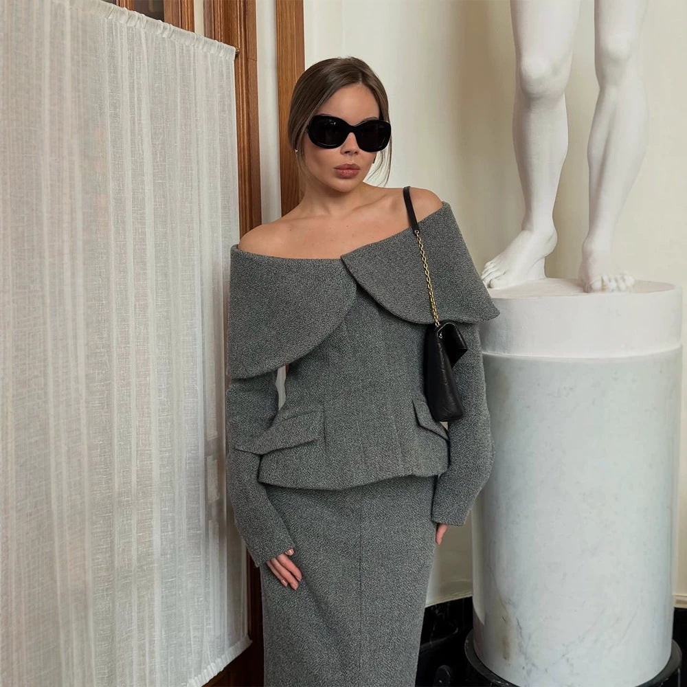 Women Elegant Boucle Set with Off-Shoulder Jacket and Fitted Pencil Skirt Mune Fashion