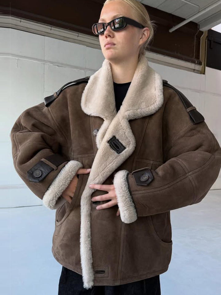 Women Oversize Shearling-Faux Flight Jacket with Contrasting Trim & Buckle Details Mune Fashion