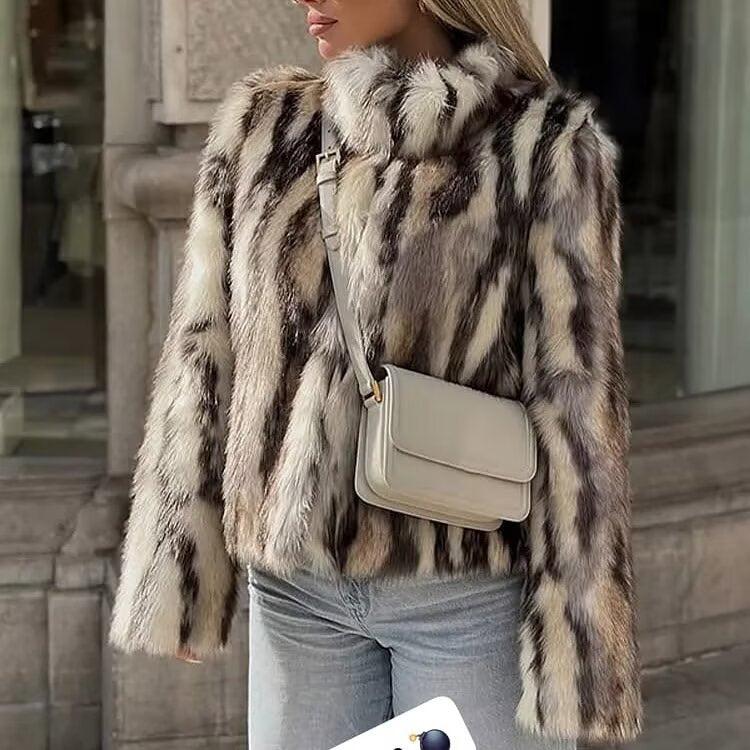 Women's Short Cut Faux Fur Bomber Jacket with Stand Collar and Tailored Fit Mune Fashion