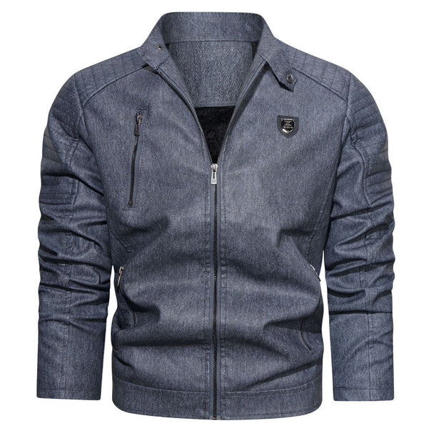 Men's Denim Look Bomber Jacket with Stand-up Collar and Quilted Shoulder Area Mune Fashion