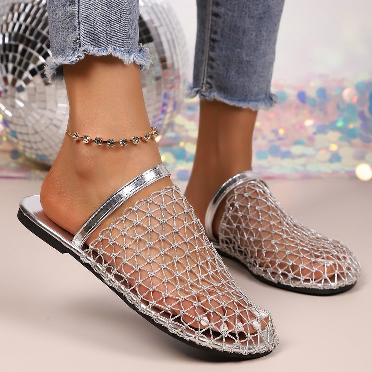 Women woven net mules with slip-on function, open heel and flexible lightweight sole design Mune Fashion
