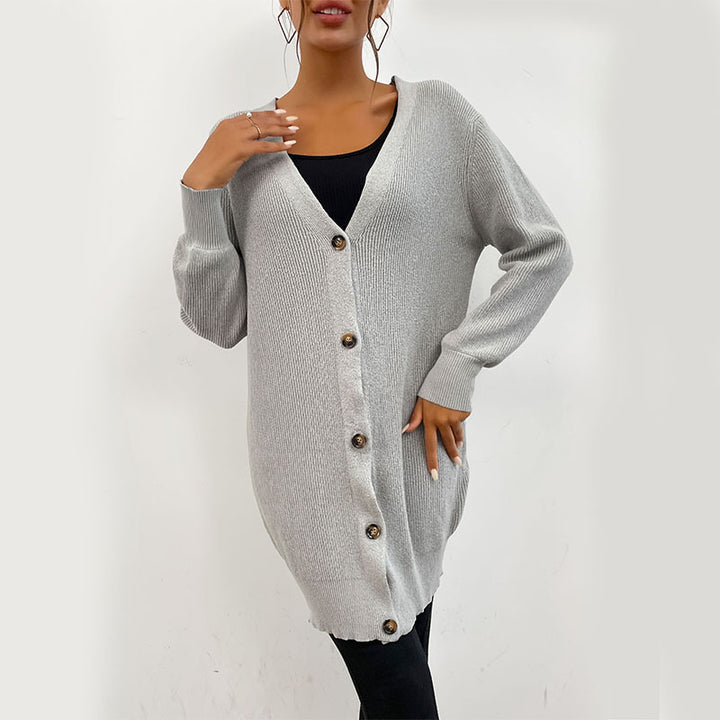 Women's Oversize Long Cardigan made of soft fine knit with deep V-neck and button placket Mune Fashion