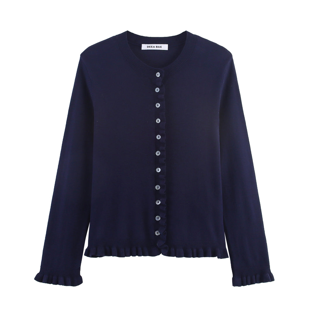 Ladies' Fine Knit Cardigan with Ruffle Trim and Pearl Buttons Mune Fashion