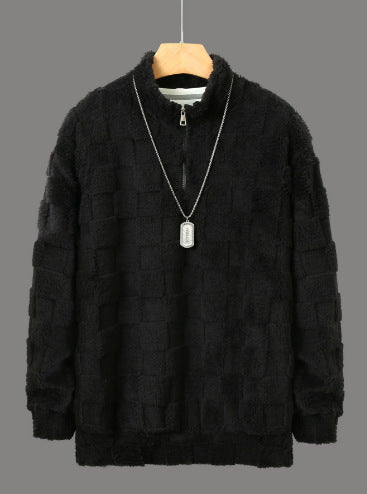 Men's Checked Sherpa Half-Zip Pullover with High Stand Collar and Soft Teddy Fleece Quality Mune Fashion