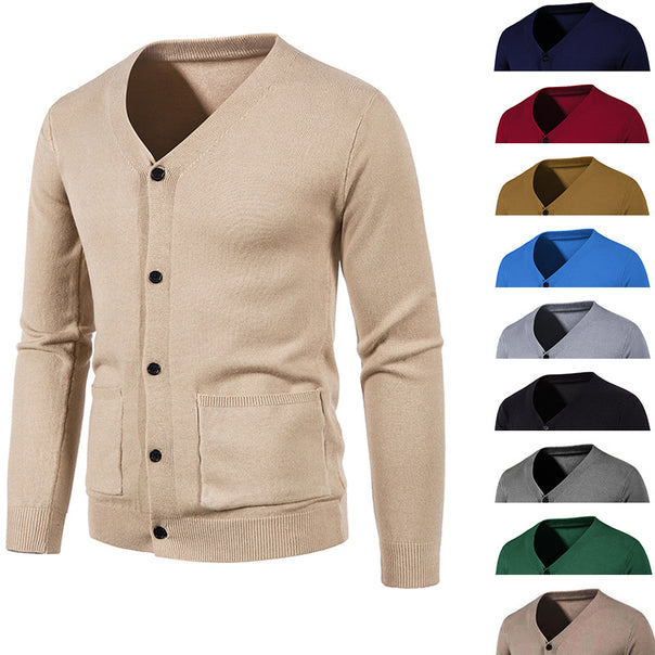 Men's fine knit cardigan with V-neck, button placket and patch pockets Mune Fashion