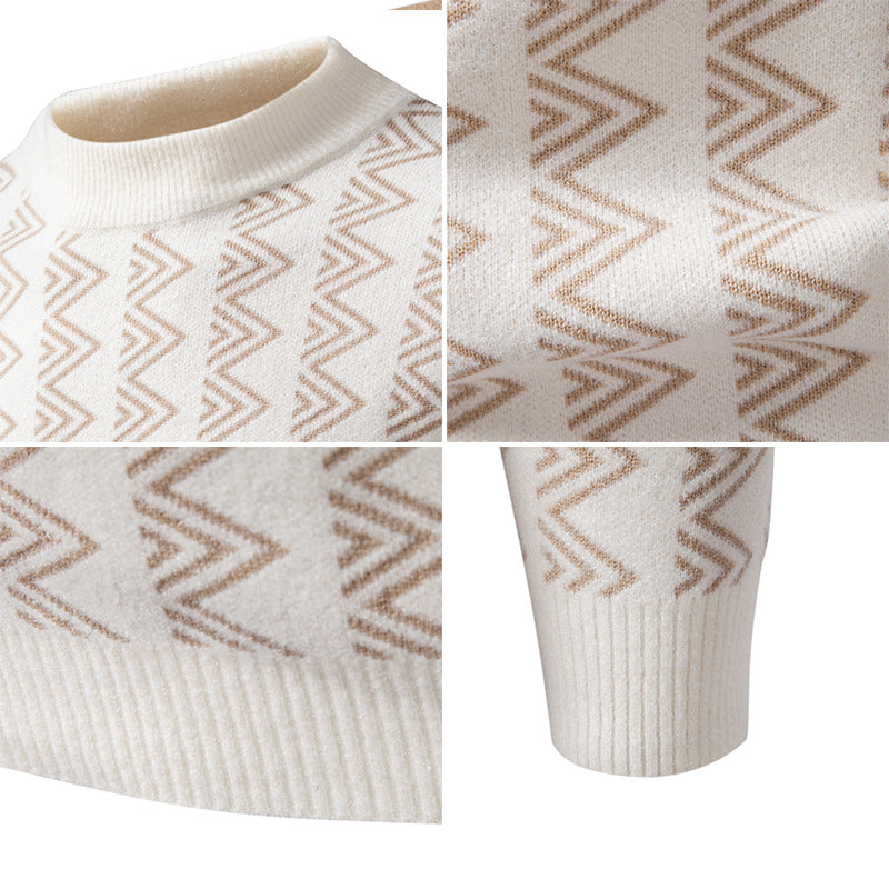 Men's fine knit mock neck pullover with geometric zigzag jacquard Mune Fashion