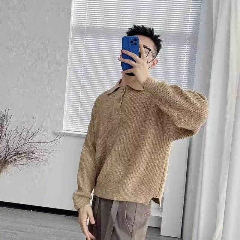 Men's fine-knit polo sweater with half-zip placket, ribbed structure, and side slits Mune Fashion