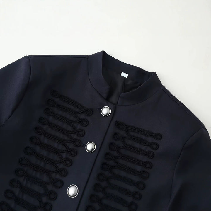 Ladies Military-inspired Short Jacket with Stand Collar and Decorative Cords Mune Fashion