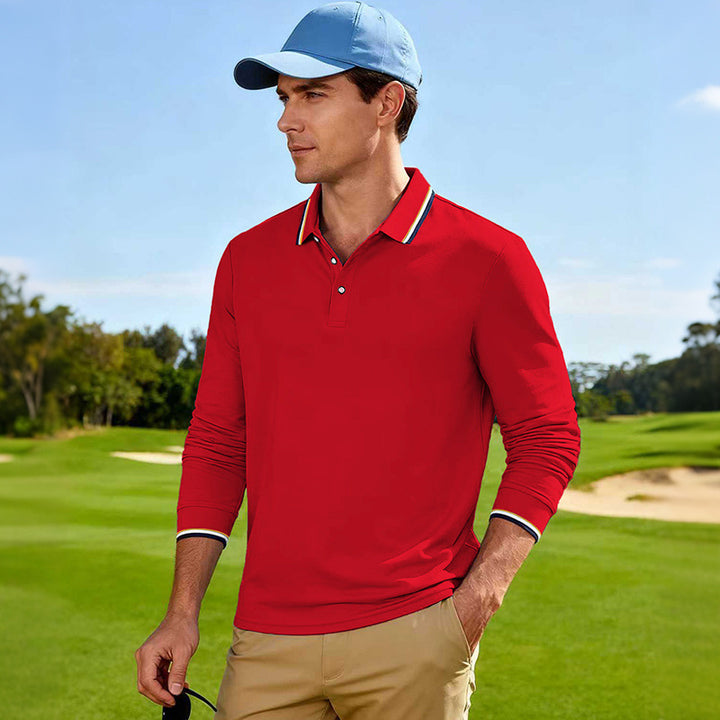 Men's Long-Sleeved Performance Golf Polo Shirt with Contrast Collar Mune Fashion