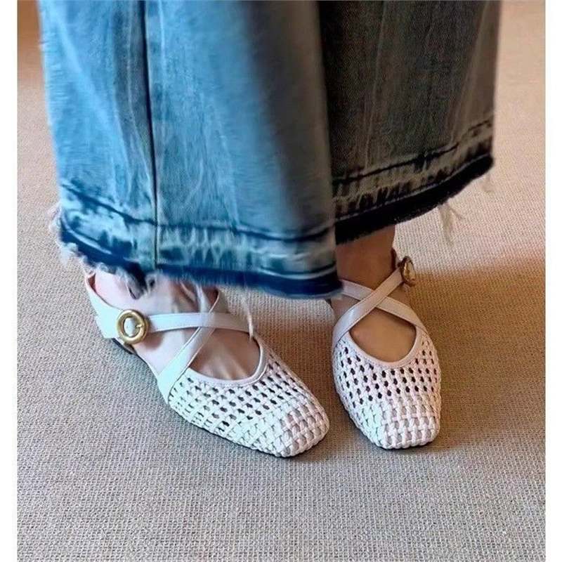 Women's Braided Mule Ballet Flats with T-Strap and Decorative Rose Appliqué Mune Fashion