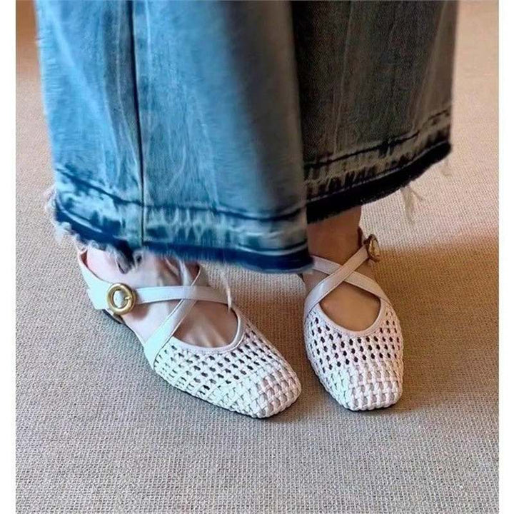 Women's Braided Mule Ballet Flats with T-Strap and Decorative Rose Appliqué Mune Fashion