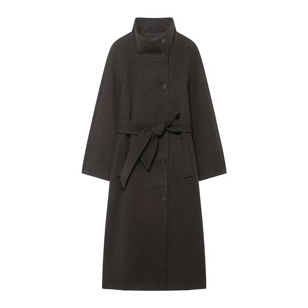 Ladies wool coat with waist belt, stand-up collar and raglan sleeves Mune Fashion