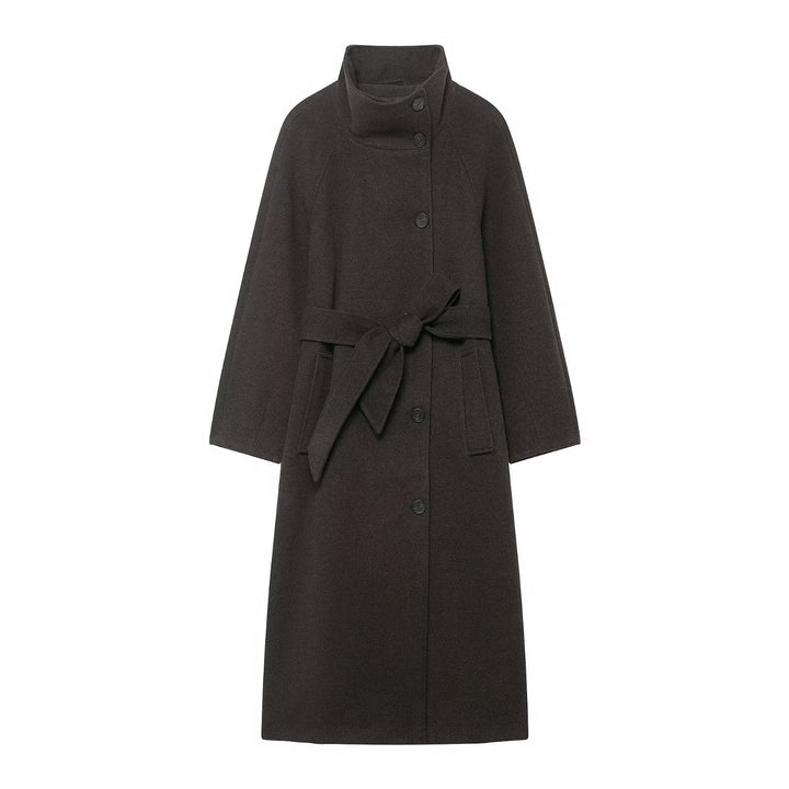 Ladies wool coat with waist belt, stand-up collar and raglan sleeves Mune Fashion