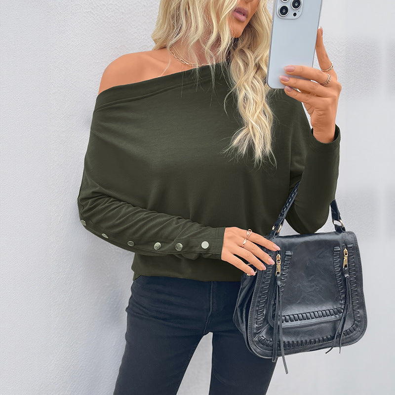 Women's Oversized Off-Shoulder Long Sleeve Shirt with Batwing Sleeves and Button Cuffs Mune Fashion
