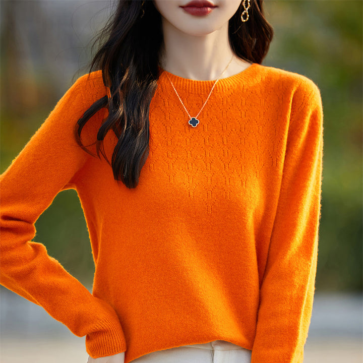 Women's Soft Round Neck Sweater in Cashmere Look with Fine Openwork Pattern and Snug Fit Mune Fashion