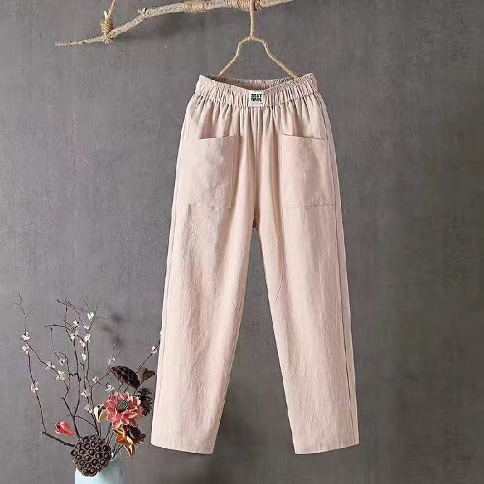 Ladies casual linen blend trousers with elastic waistband, straight leg, and large patch pockets Mune Fashion