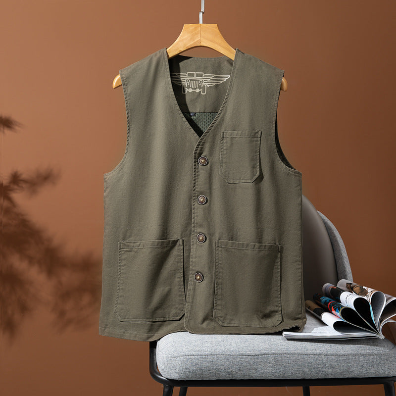 Men's Sleeveless Utility Canvas Vest with V-Neck, Button Placket, and Patch Pockets Mune Fashion