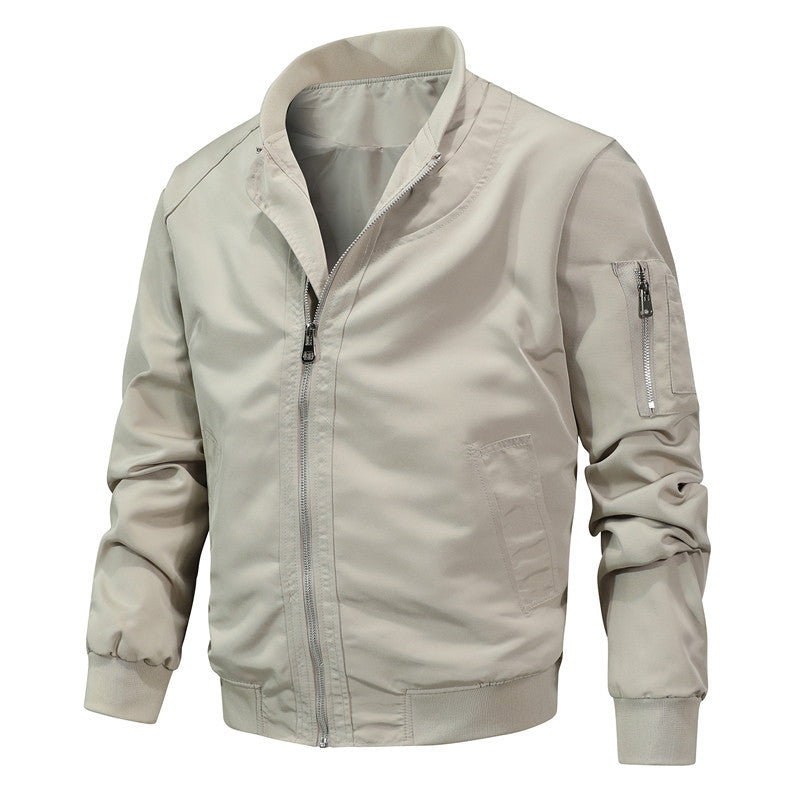 Men's washed canvas bomber jacket with stand-up collar, concealed zipper and side pockets Mune Fashion