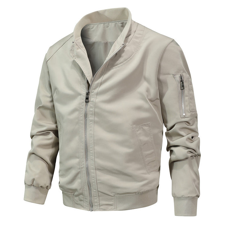 Men's washed canvas bomber jacket with stand-up collar, concealed zipper and side pockets Mune Fashion