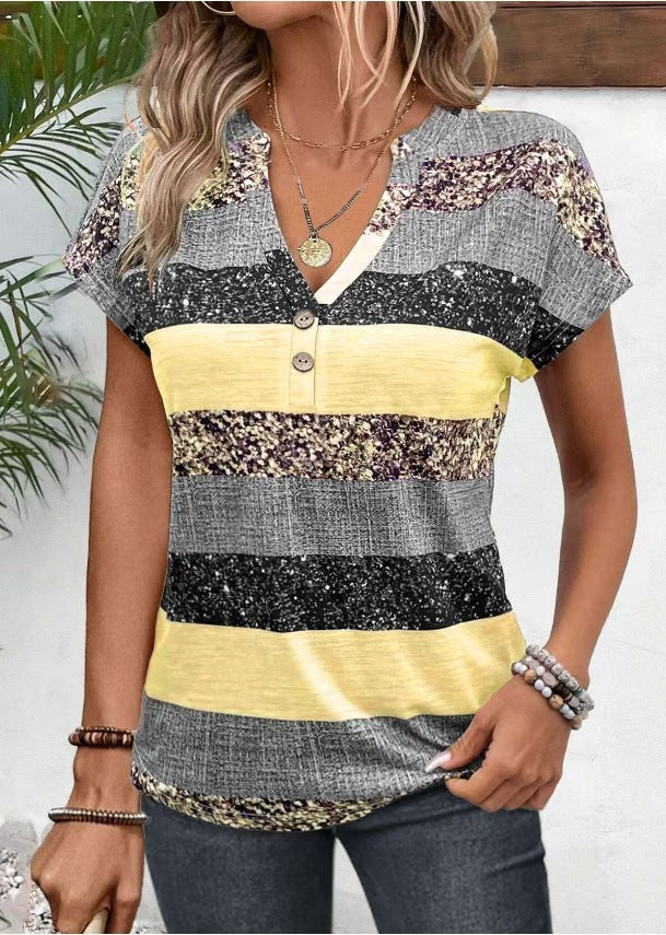 Women's loose short sleeve tunic top with V-neck decorative button placket and rounded hem Mune Fashion