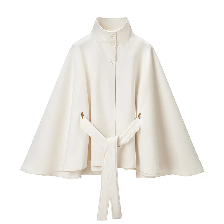 Women's tailored cape with stand collar, button closure and tie belt Mune Fashion