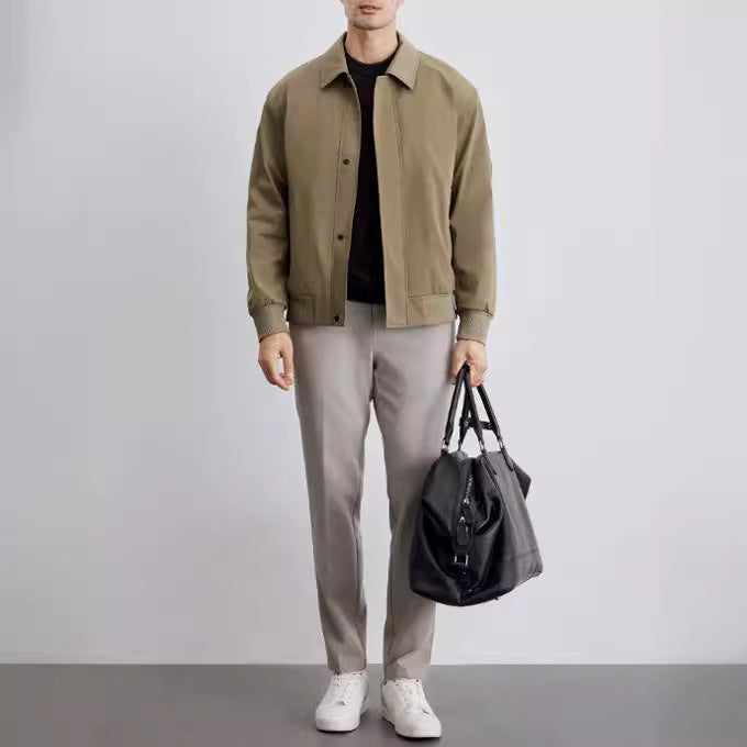 Men's light bomber jacket with shirt collar, concealed snap button placket, and elastic cuffs Mune Fashion