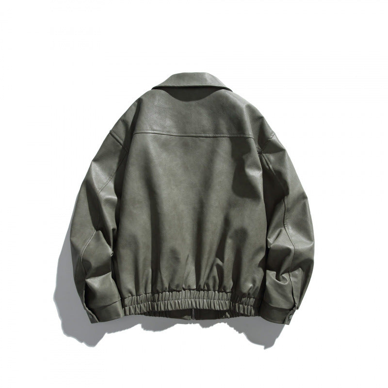 Men's short boxy leather look blouson jacket with shirt collar, front zipper and elastic hem Mune Fashion