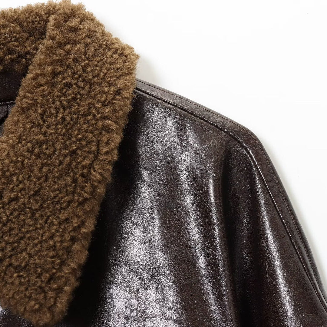 Women's Oversized Faux Leather Jacket with Teddy Collar and Waist Belt Mune Fashion