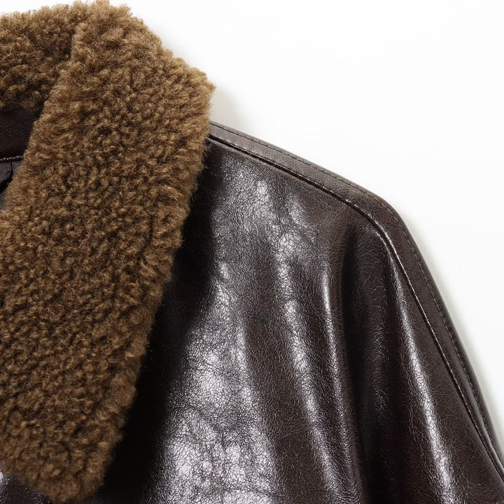 Women's Oversized Faux Leather Jacket with Teddy Collar and Waist Belt Mune Fashion
