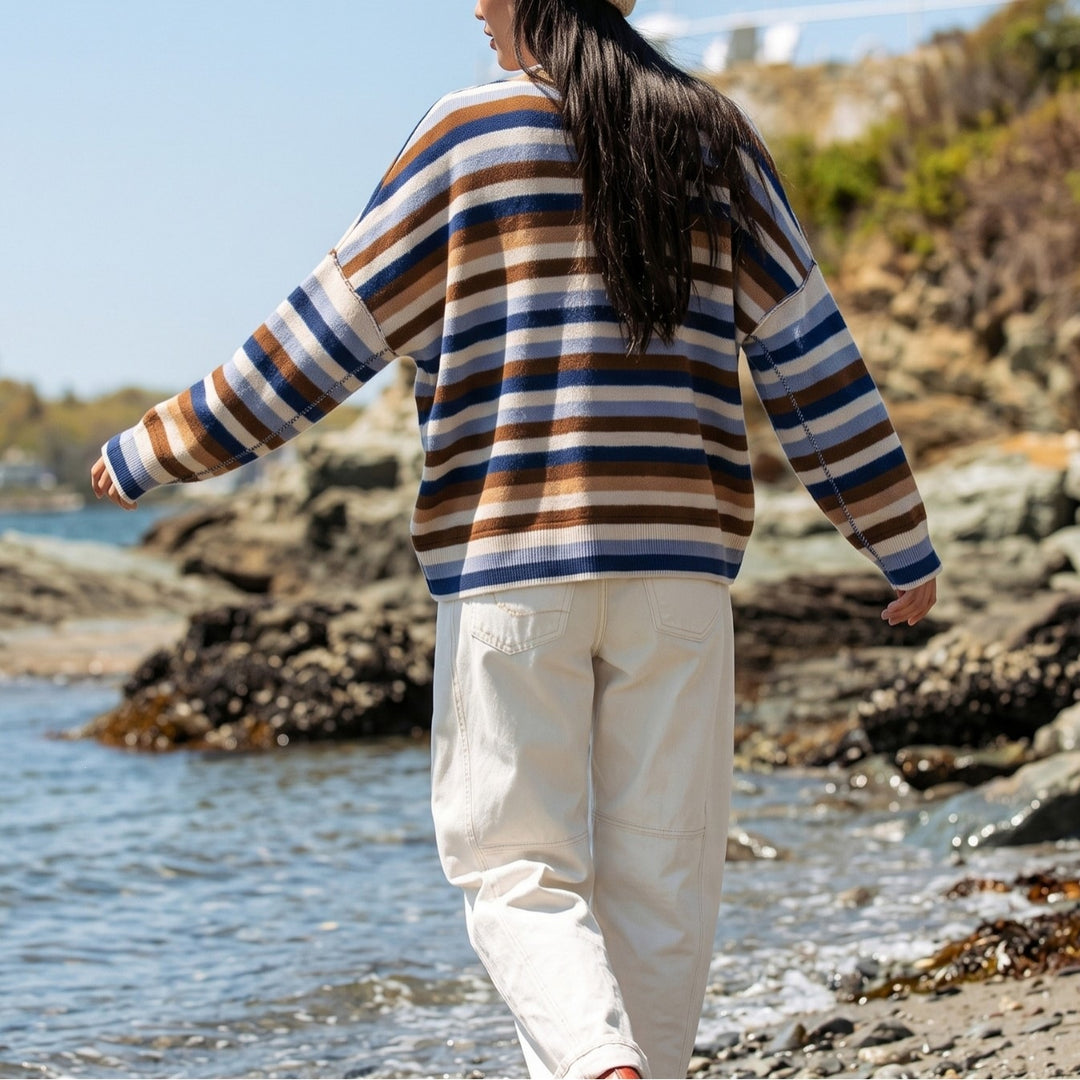Women Striped Knitted Sweater with Polo Collar & Button Placket Mune Fashion