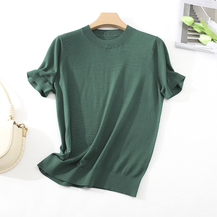 Women Lightweight Short Sleeve Knit Top made of fine Jersey with Round Neck and Hem Trim Mune Fashion