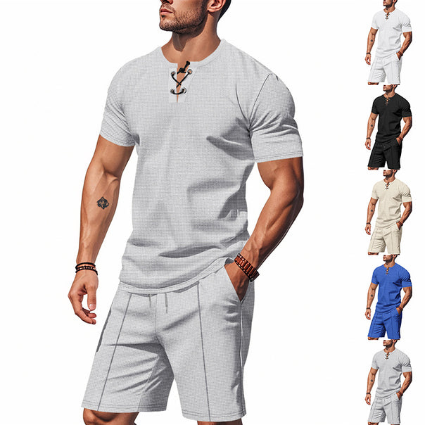 Men's short-sleeved lace-up collar shirt in waffle jersey with pleated Bermuda Mune Fashion